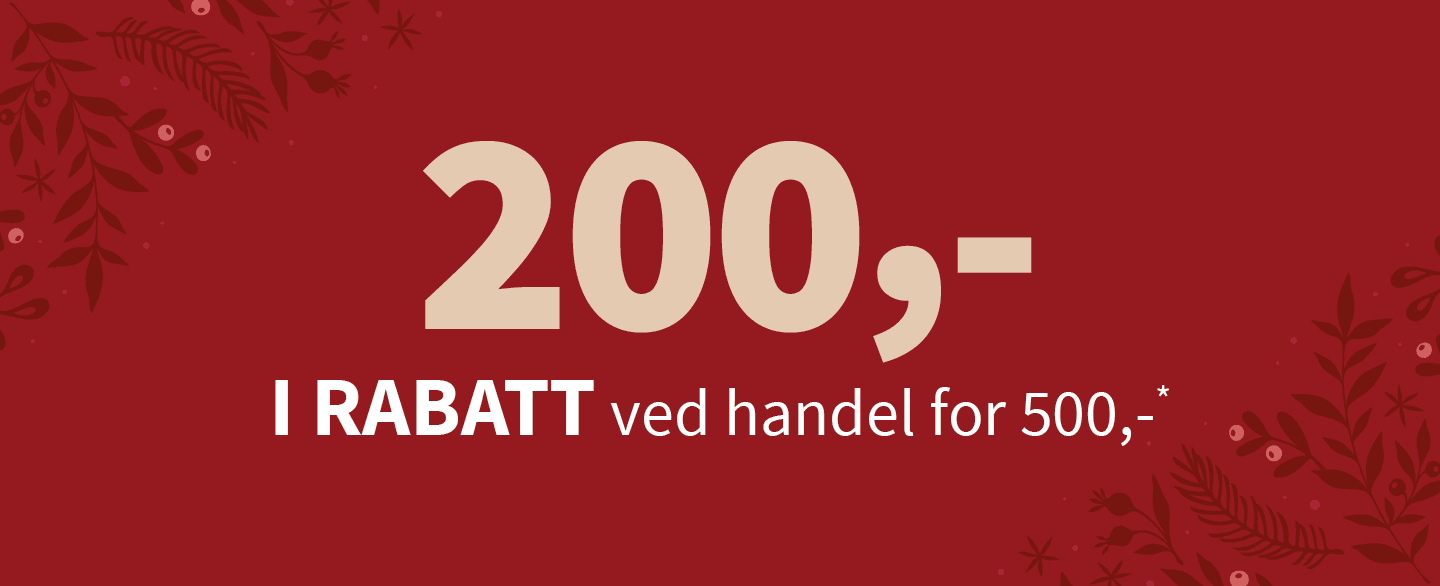 200 kroner i rabatt ved handel for 500 kroner. Gjelder alle varer merket med kupong.