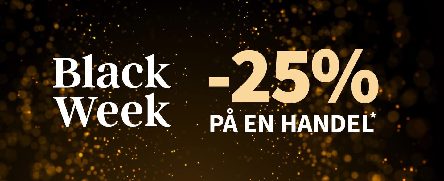 Black Week 25% rabatt på en handel. Gjelder alle varer merket med kupong.