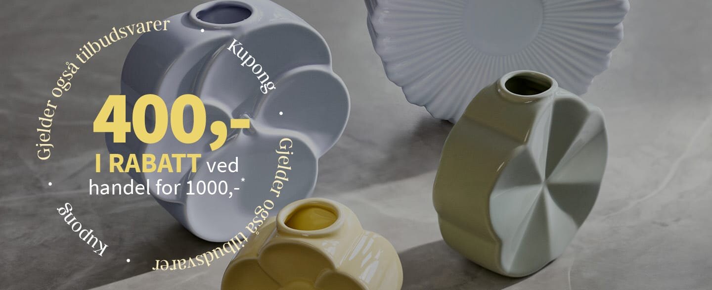 Kupong 400 kronter i rabatt ved handel for 1000 kroner. Gjelder også tilbudsvarer. Gjelder alle varer merket med kupong.