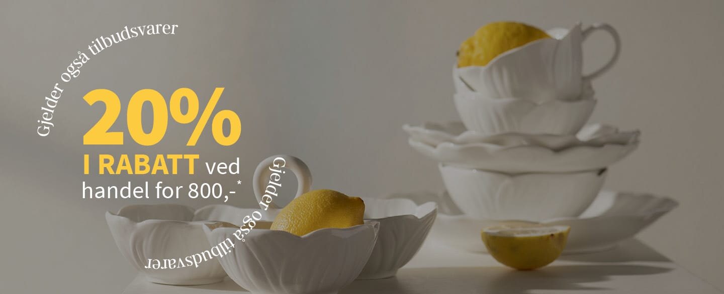 20% i rabatt ved handel for 800,- Gjelder også tilbudsvarer.