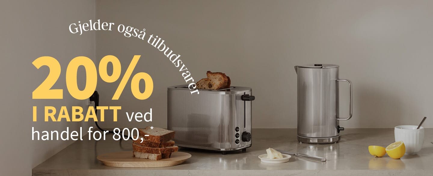 20% i rabatt ved handel for 800,- Gjelder også tilbudsvarer.