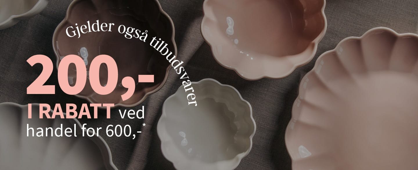 200 kroner i rabatt ved handel for 600 kroner. Gjelder også tilbudsvarer. Gjelder alle varer merket med kupong.