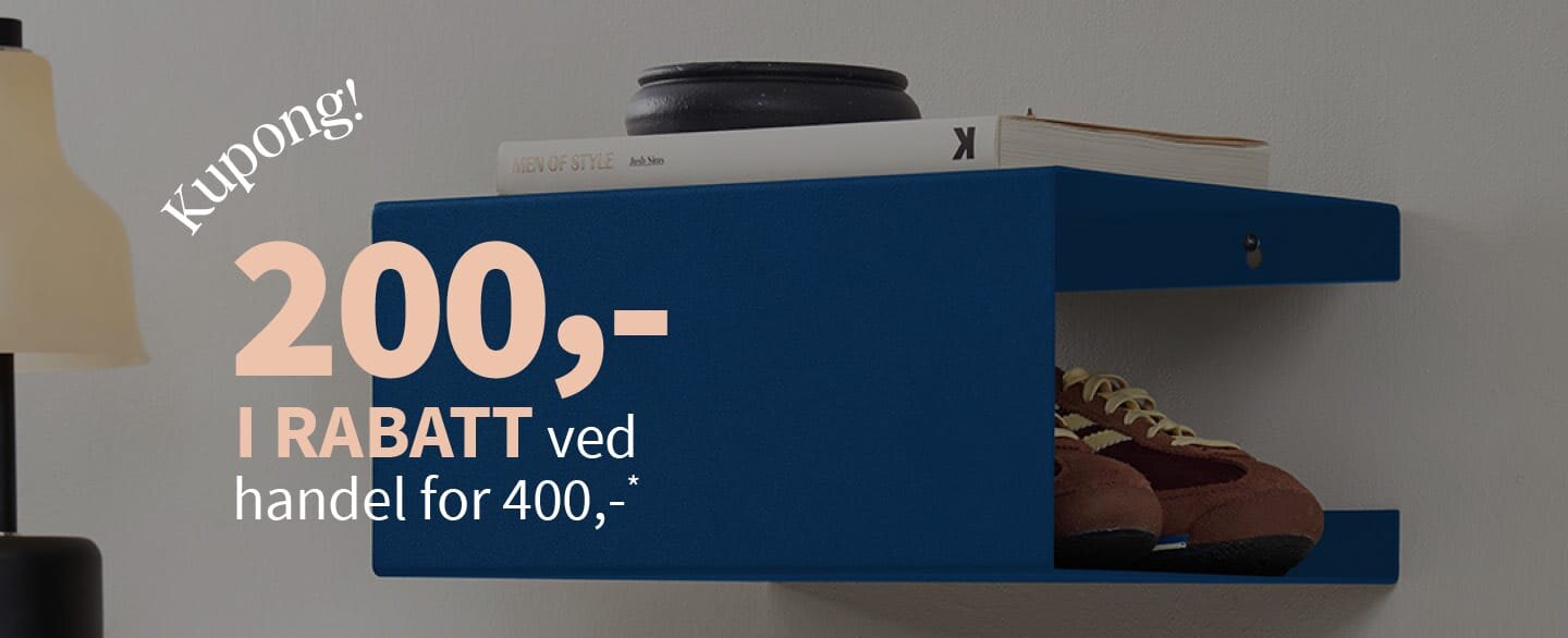 Kupong! 200 kroner i rabatt ved handel for 400 kroner eller mer. Gjelder alle varer merket med kupong.