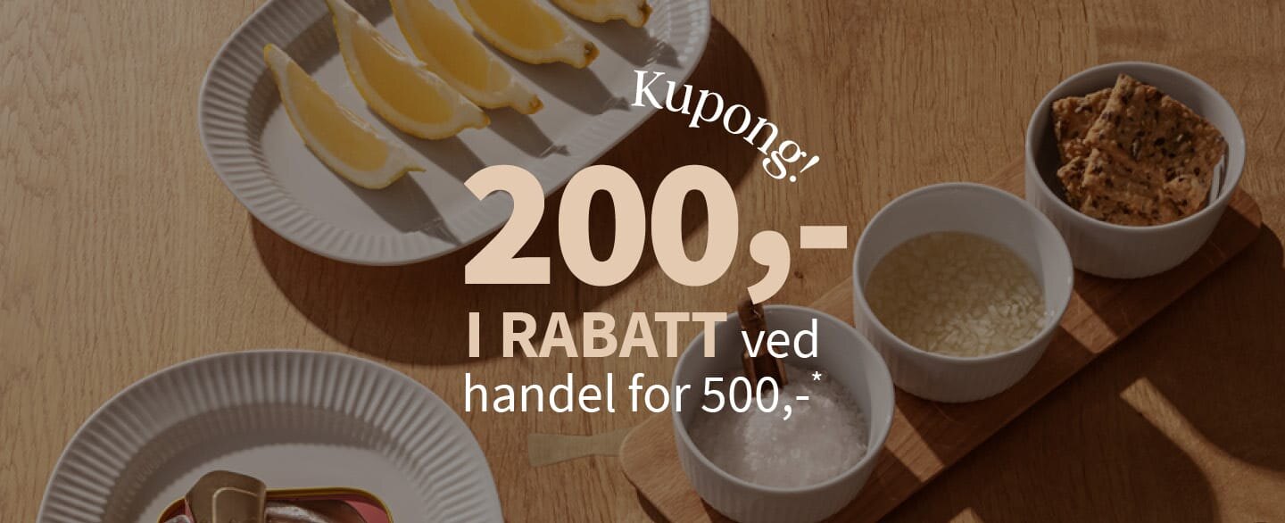 Kupong! 200 kroner i rabatt ved handel for 500 kroner. Gjelder alle varer merket med kupong.