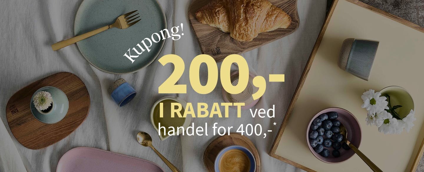 Kupong! 200 kroner i rabatt ved handel for 400 kroner eller mer. Gjelder alle varer merket med kupong.